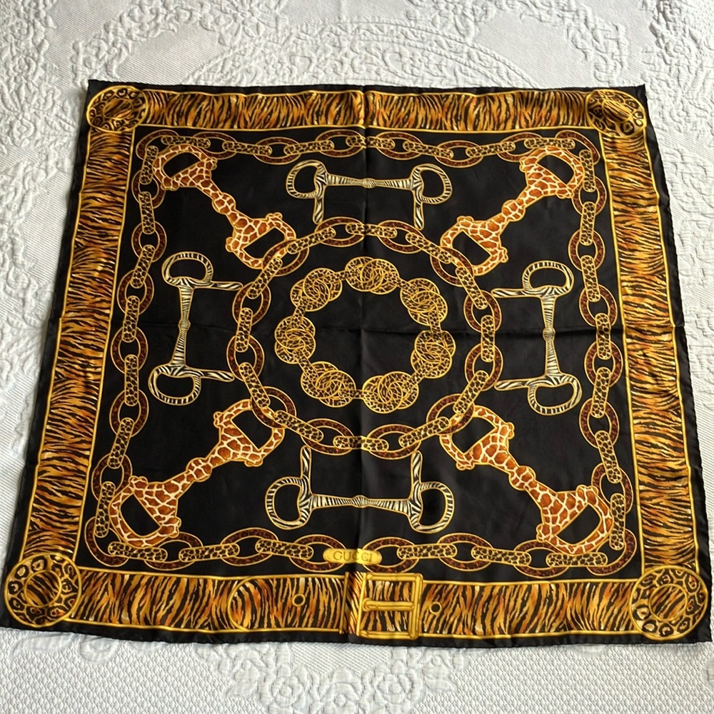 Gucci horse bit animal print chain link silk square scarf